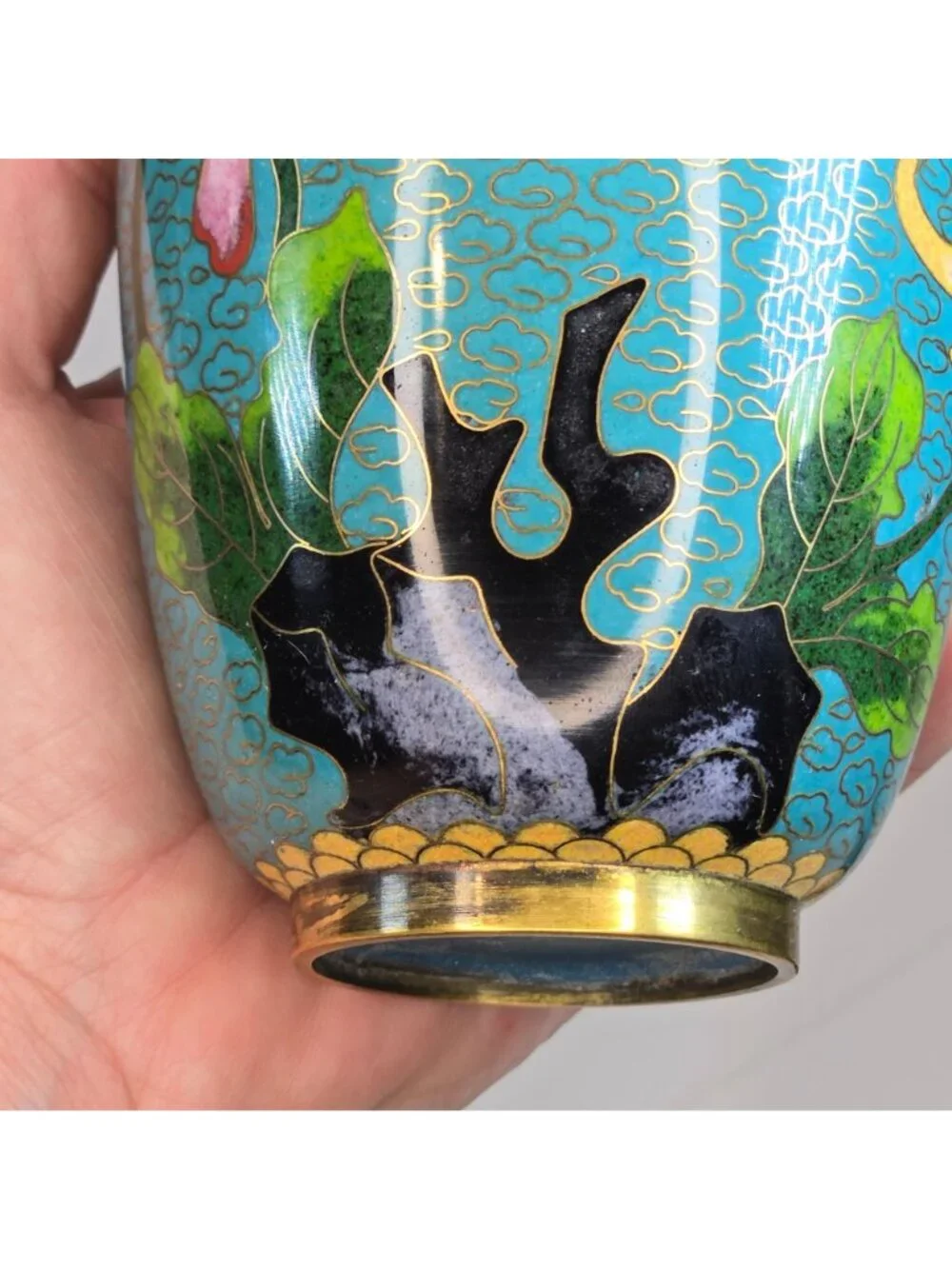 Vintage Cloisonné Vase Pink & White Chrysanthemums Gold Accents Floral Enamel
